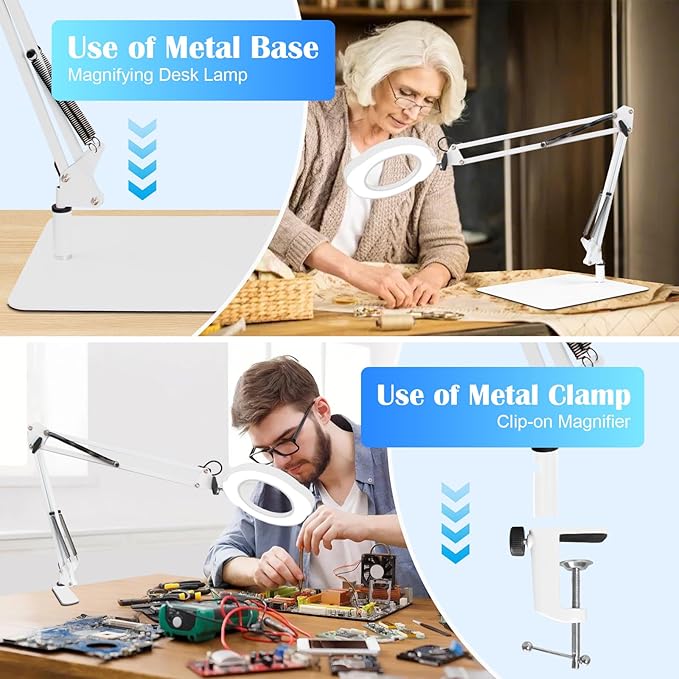 2-in-1 Desk Lamp & Clamp Light, 10X Magnifying Glass with Light and Stand, 5 Color Modes 10 Brightness Dimmable LED Desk Lamp,14.5inch Adjustable Swing Arm for Reading Crafts Painting Close (White)