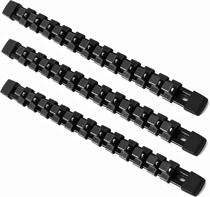 ALOANES 3pc ABS Socket Organizer, 3/8 Inch, Heavy Duty Socket Racks With Black Rails and Clips