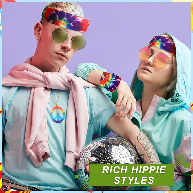 MTLEE 24 Pcs Hippie Costume Set Accessories Includes Peace Sign Necklaces Tie - Image 6