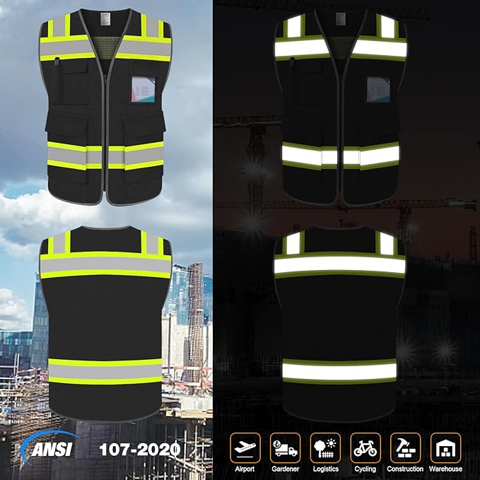 TCCFCCT Safety Vest for Men Women 5 Pockets Mesh High Visibility Reflective Vest with Reinforced Zipper, Durable Construction Work Vest with Fluorescent Orange Edge, Meets ANSI/ISEA, DW-Black, L