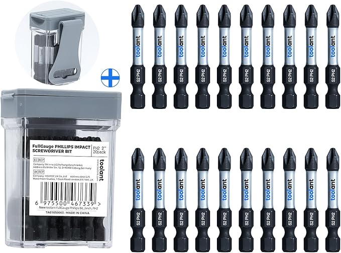 toolant 2 Inch Phillips Bit#2 Magnetic Anti Slip Impact Screwdriver Bits Set,20pcs Insert S2 Steel PH2 Driver Dit Set with CNC Machined Tips for Power Drill