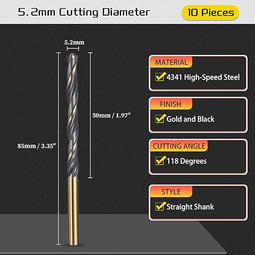Drill Bit, 5.2mm Cutting Diameter, 4341 HSS Gold and Black 118° Cutting Angle Number Jobber Bits - (Applications: for Drilling Soft Metal Plastic Wood), 10-Pieces