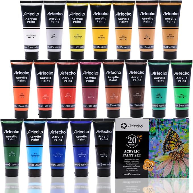 Artecho Professional Acrylic Paint Set, 20 Primary Colors Tubes, Art Craft by Artecho