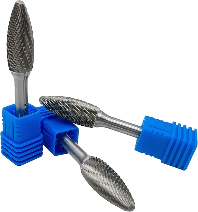 LU&MN SH-5 Tungsten Carbide Burr Rotary File Flame Shape Double Cut (1/2” Cutter Dia X 1-1/4”Cutter Length) with 1/4'' Shank Dia,3PCS