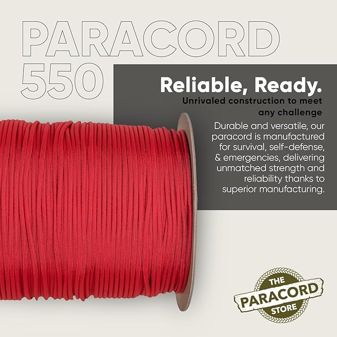 The Paracord Store | Type III 550 Paracord - 250 FT Spool, Imperial Red | Heavy Duty 7 Strand Tactical Paracord - USA Made Nylon Outdoor Parachute Cord for Camping, Fishing & More - Survival Cord