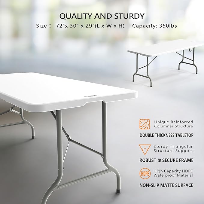 VINGLI 6 Foot Plastic Folding Table Portable Long Table - Image 3