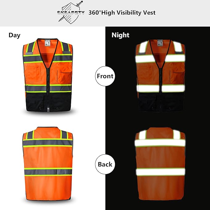 SKSAFETY Professional Class 2 High Visibility Safety Vest With Zipper - 10 Pockets, Reflective Strips, ANSI/ISEA Standard, Construction Work (Orange Black, 5XL)