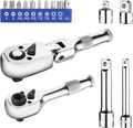 WORKPRO Flex Head Stubby Ratchet & Bit Driver Set 16 PCS, 1/4", 3/8" Drive Ratchet Handle Wrench, 72-T Quick-Release Reversible Socket Wrench, 2 Socket Adapters, 2 Extension Bars, 10 PCS 1/4" Hex Bits