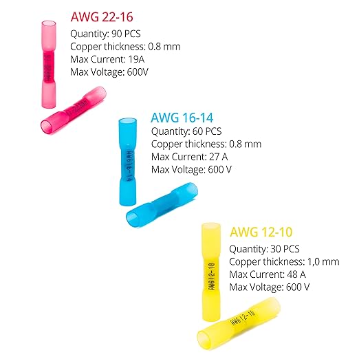 Wirefy 180 PCS Heat Shrink Butt Connectors Kit - Marine Grade Wire Butt Splice Connectors - Electrical, Waterproof - 22-10 AWG
