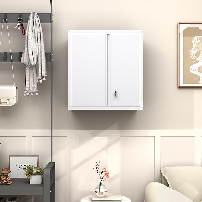 GREATMEET Locking Metal Wall Cabinet, Metal Wall Cabinets for Garage, Wall Mount Cabinet with Lock, Upper Cabinets Wall Mounted, Hanging Utility Cabinet with Adjustable Shelf