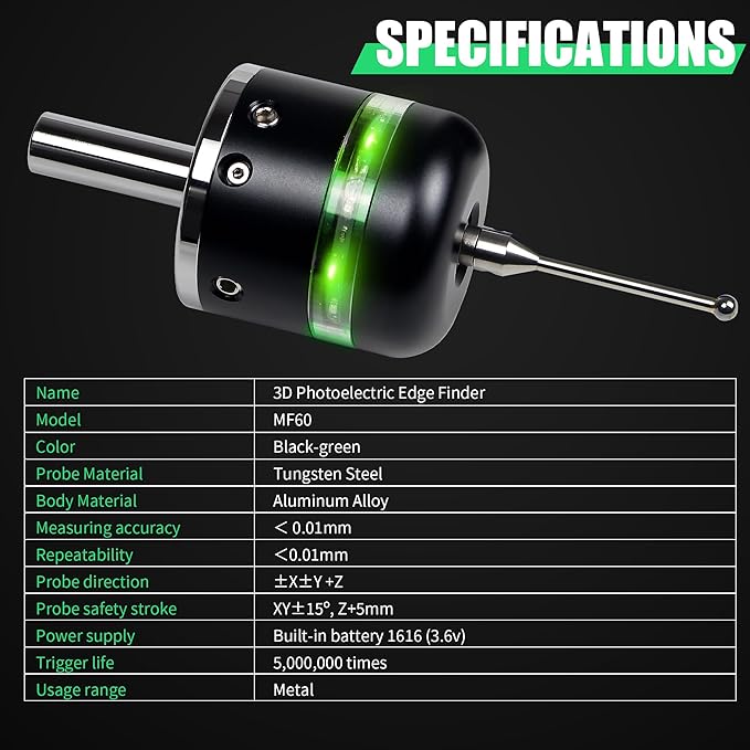 3D Touch Probe Edge Finder Trigger Finder,X Y Z Axis Measurement Centering Rod for Metals, Not Support the Detection of Insulation Materials and Insulating Spindle (Green light)