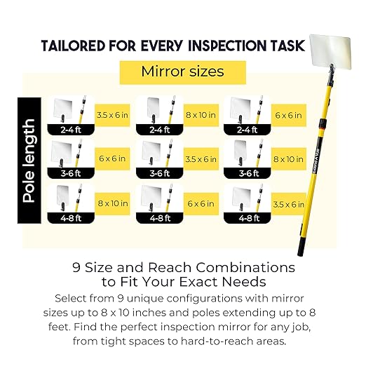 Telescoping Inspection Mirror - Standard Fiberglass, Lightweight & Durable, 2 ft - 4 ft Pole, 8 x 10 inch Acrylic Mirror