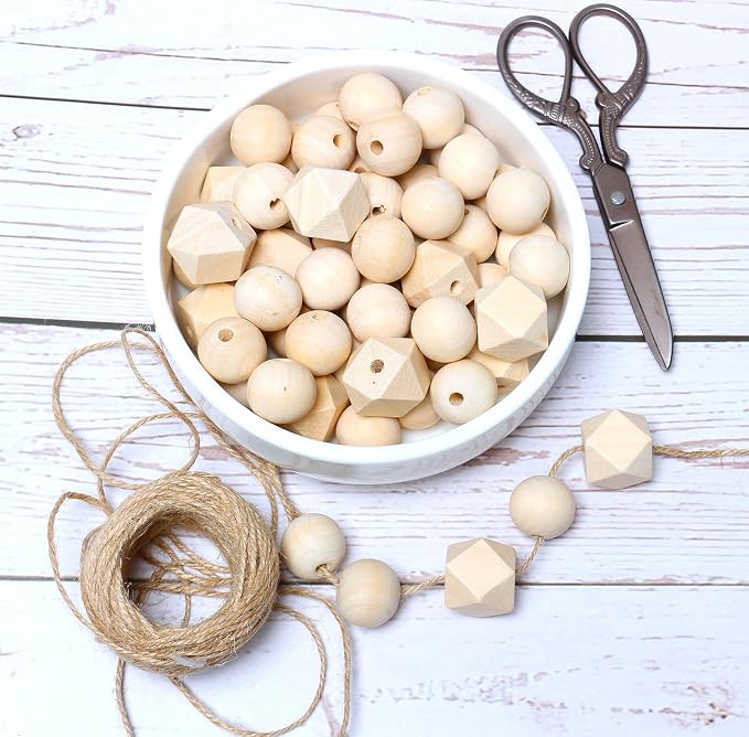 20mm Unfinished Wooden Beads, 20 Geometric and 50 Round Polygon Wood Beads - Image 3