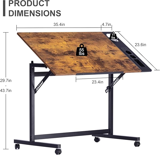 VECELO Vintage Drawing Drafting Table, Adjustable Tilting Top Art Desk Craft - Image 3