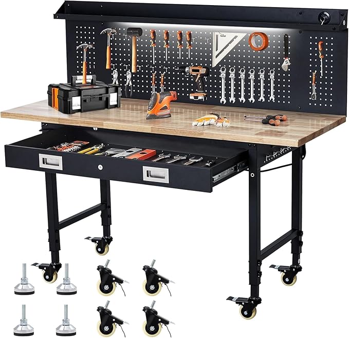 60" Heavy Duty Adjustable Workbench with Drawer Storage, Large Pegboard & Strip Light - 2000 LBS Capacity, 4 Lockable Casters for Garage, Workshop, Home