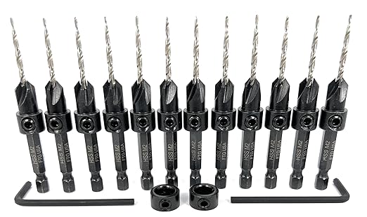 FTG USA Countersink Drill Bit Set for Wood with Tapered Drill Bit 12 Pc #4 (7/64")