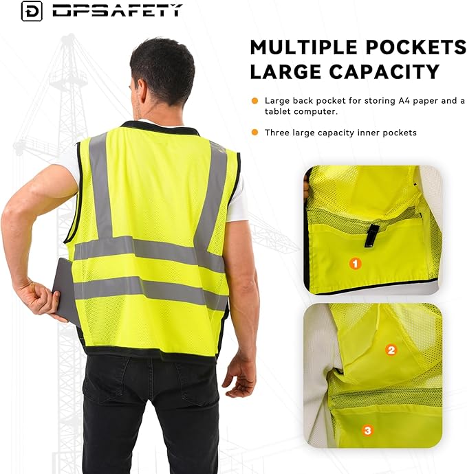Reflective Safety Vest With Back Plan Pocket, High Visibility Class 2 Heavy Duty Surveyor With Zipper, Hi Vis ANSI/ISEA Standard, Construction Work for MenWomen (Lime, 4XL)
