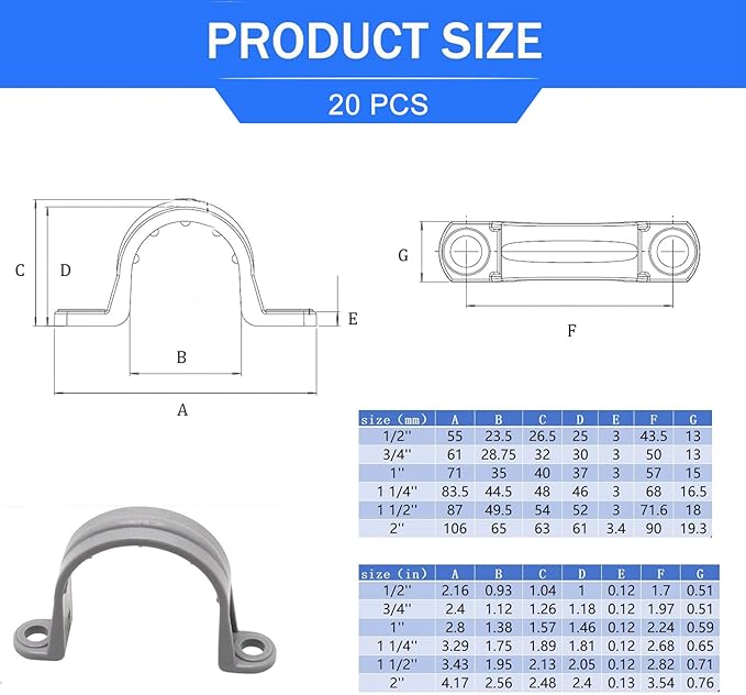 1/2 Inch PVC Pipe Strap, 2-Holes Conduit Pipe Clamps Plastic Pipe Supports (Grey,20 Pcs)