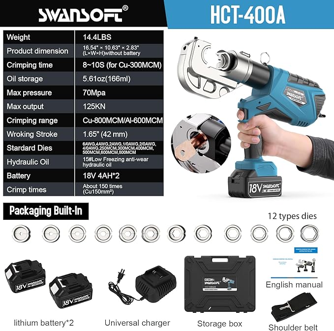 SWANSOFT Electric Hydraulic Crimping Tool, 12Ton 6AWG-800MCM Rechargeable Hydraulic Crimper for Cu/Al Terminal, Continuously Crimp Wire Cable Lug Crimping Tool Kit with 12 Dies (HCT-400A)