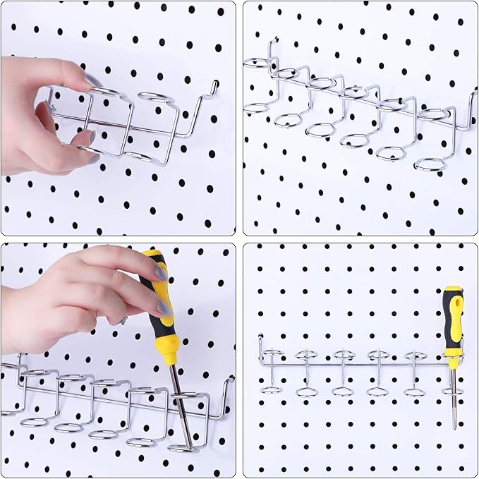 Hotop 2 Pieces Pegboard Screwdriver Holder Peg Board Tool Utility Hooks Pegboard Accessories Six-Tool Organizer Racks Accessory Multi-Ring Holder for Pliers(Silver)