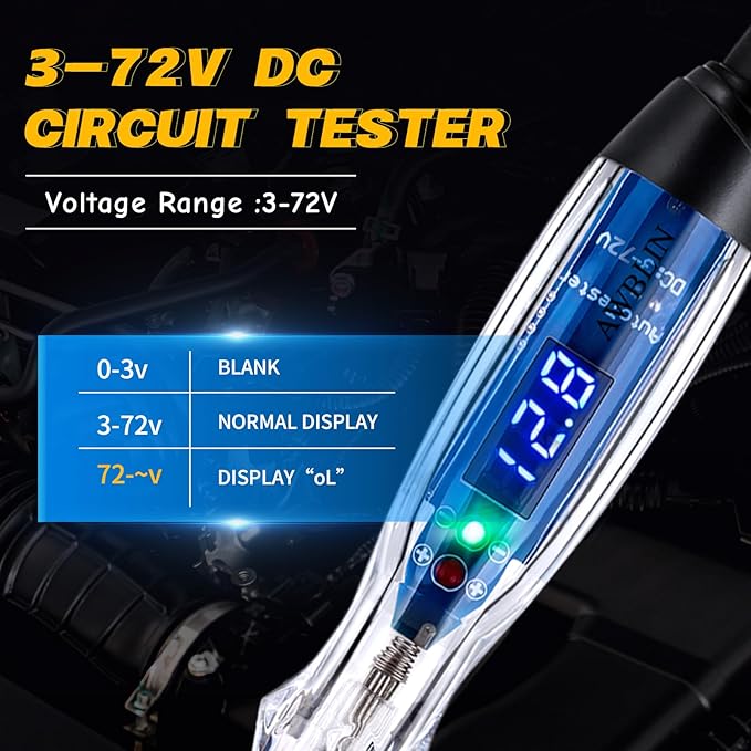 Test Light Probe Kit, 3-72V DC LED Digital Automotive Circuit Tester with Voltmeter, 18 Pieces Multi Function Auto Fuse Voltage Tester Electric Probe Test Kit with Black Carrying Case