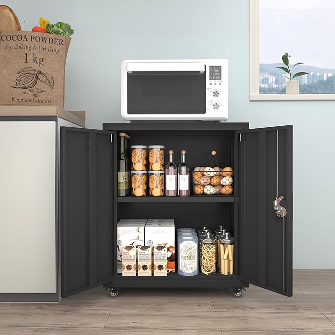 GREATMEET Metal Storage Cabinet with Locking Doors and Adjustable Shelves,31.5" H Lockable Rolling Garage Storage Cabinets with Wheels for Office,Home,Garage,Classroom Black