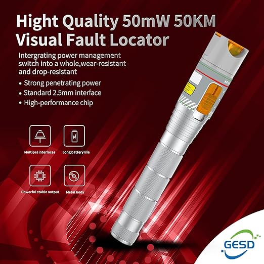 Fiber Visual Fault Locator 50KM with FC/LC Adapter Kit, VFL Include Single Mode 9/125um FC Male to LC Female Connector, Red Light Pen for CATV Telecommunications Engineering Maintenance