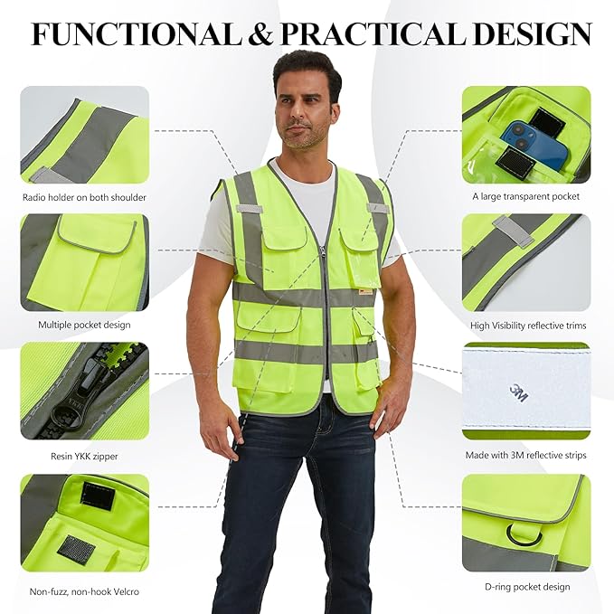 SIFE Reflective Safety Vest High Visibility Vest With 7 Pockets And YKK Zipper, ANSI/ISEA Class 2 Standard, Made With 3M Reflective Tape(03YG-Yellow Mesh,2XL)