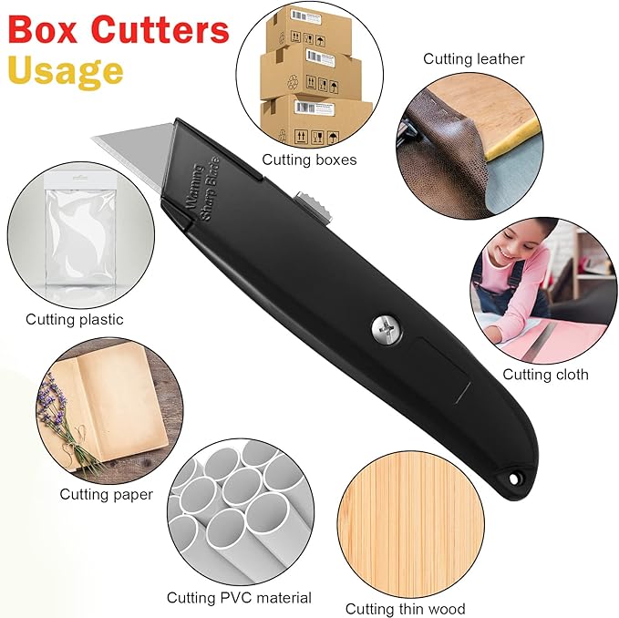 Reginary 30 Pcs Box Cutter Bulk Retractable Blade Utility Knife Heavy Duty Aluminum Alloy Razor Shell Knife for Cartons, Cardboard and Boxes, DIY, Factory, Home(Black, Yellow, Red)