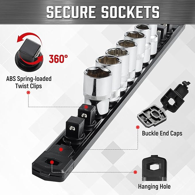 ALOANES 1/2-Inch Drive Magnetic Socket Organizer, Heavy Duty Aluminum Socket Rail Organizer, 360° Swivel Clips Socket Holder Kit for Tool Box, 1/2 Inch Socket Holder x 12 Clips (Black)
