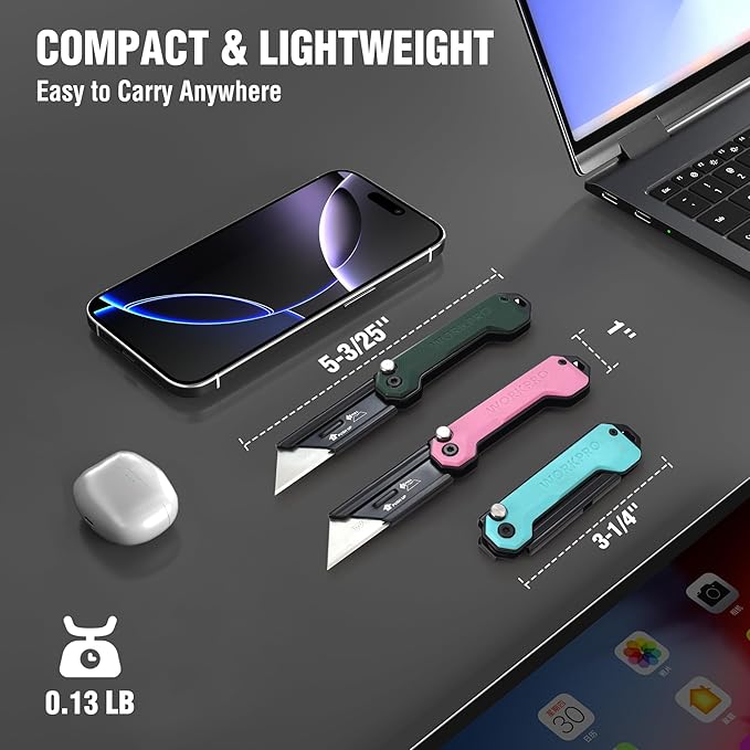 WORKPRO 3-Pack Folding Utility Knife, Compact EDC Box Cutter with G10 Handle, Axis Lock & Belt Clip, Quick Change Blade Razor Knife for Cardboard, Plastic, Cartons, Leather & Rope
