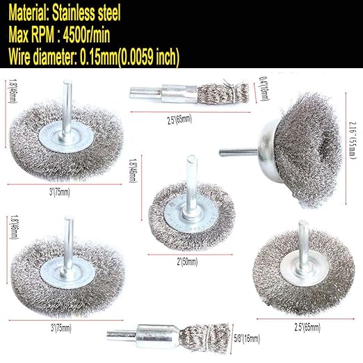 Stainless Steel Wire Wheel Brush & Crimped Cup Brush Kit for Drill,Fine Wire Diameter 0.0059 Inch,for Rotary Tool with 1/4-Inch Shank,Removal of Rust,deburring,Paint (7pcs)