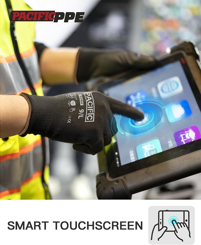 PACIFIC PPE Work Gloves PU Coated-18 Pairs, Touchscreen Working Gloves for Men and Women, Mechanic Gloves, Lightweight, Black, Extra Large