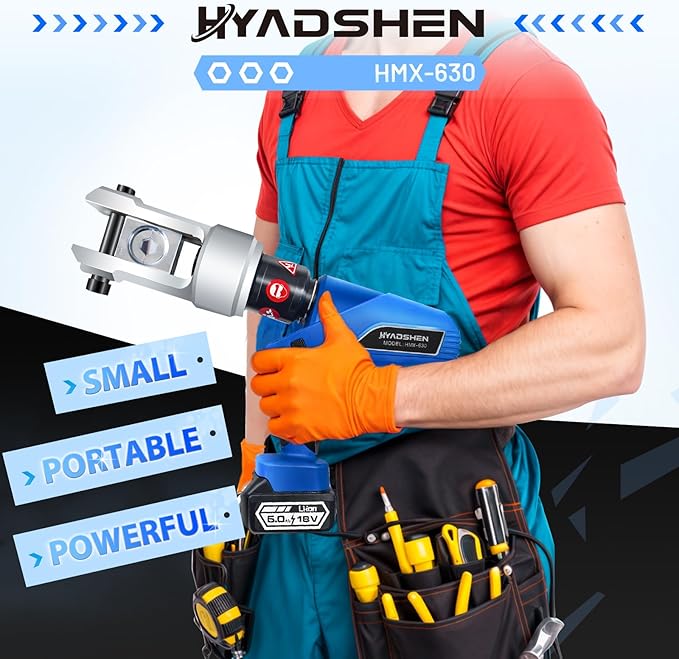 Electric Hydraulic Cable Lug Crimper Pliers Rechargeable Crimping Tool 20 Ton Electrical Terminal Cable Wire Fiber Crimper Kit with 7 Dies (HMX-630)