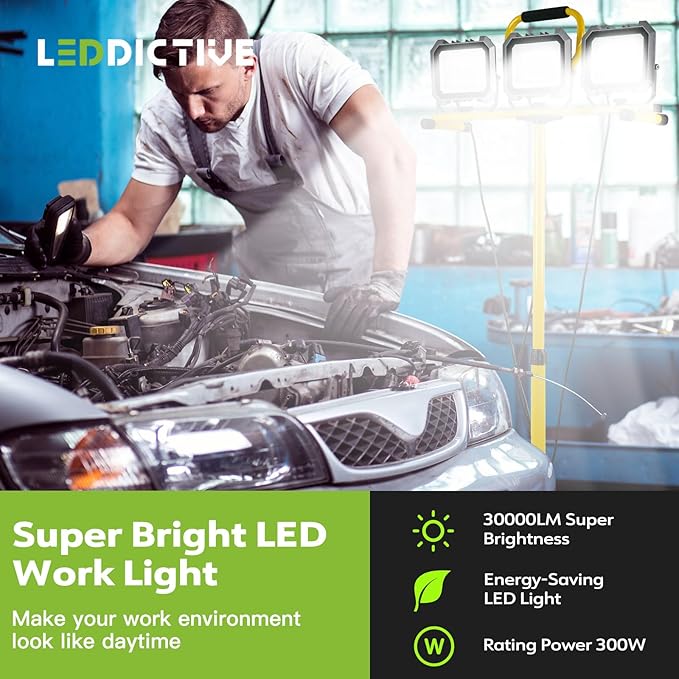 30000LM Work Lights with Stand, IP66 Waterproof 6000K LED Work Light with Foldable Tripod Stand, 3 Head Portable Work Light with Individual Switch for Indoor Outdoor Lighting