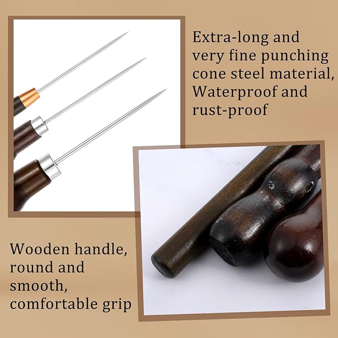 BOHUIZ 3 Pack Scratch Awl Tool with Wooden Handle, Gourd Shape Pin Punching for Leather Awl Punch Tool for Hole Craft Shoes Repair Sewing Leather Punch Stitching Crochet DIY Handmade