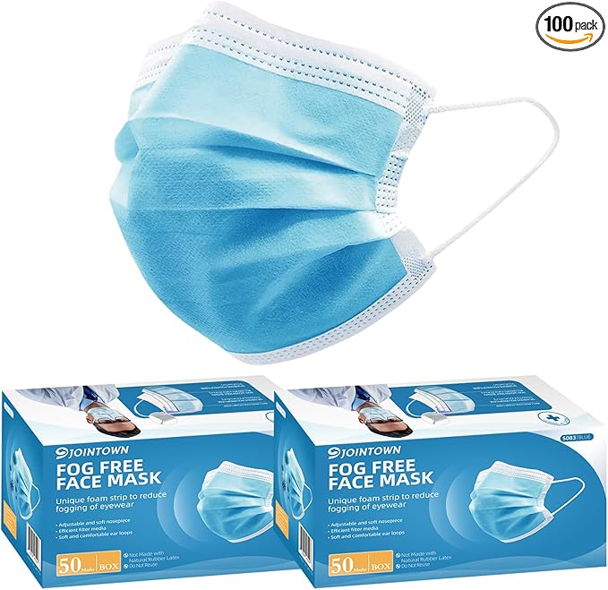 Jointown Anti-fog 3-ply Disposable Face Mask, Face Mask with Efficient Filter Media for Adult, Adjustable and Soft Nosepiece, 100 Pack