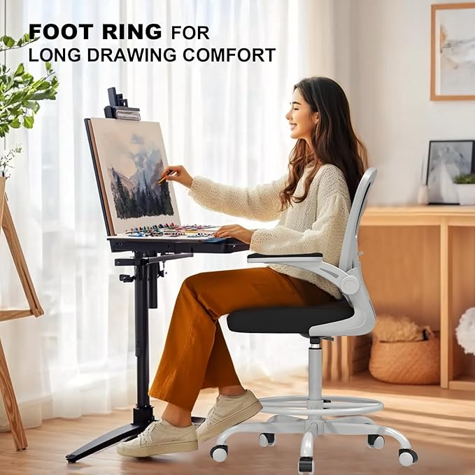 Ergonomic Drafting Chair, Tall Office Chair with Flip-up Armrests, Breathable Mesh High Desk Chair with Lumbar Support Adjustable Footrest Ring for Standing Desk Grey Black