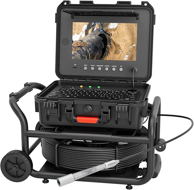 Sanyipace Self-Leveling Sewer Camera 100FT/30M with Wheels and Retractable Handle, Drain Camera with 512Hz Transmitter, Distance Counter, Microphone Speaker Keyboard, 10" Color Screen, 32GB TF Card