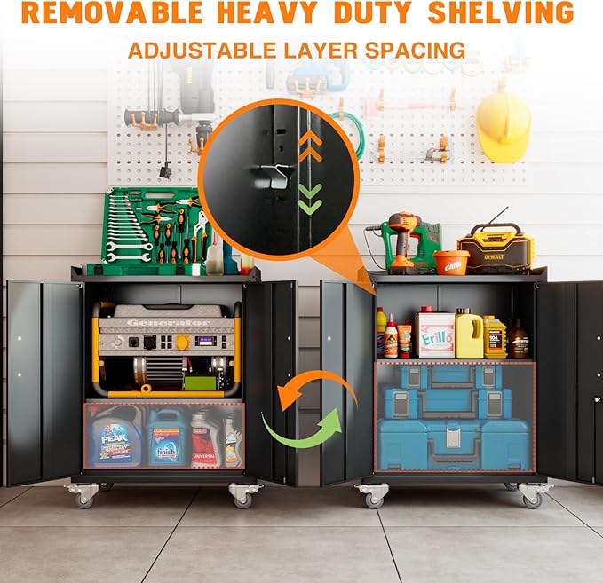 Storage Cabinet with Wheels,Locking Storage Cabinet with Drawer and Adjustable Shelf, Metal Cabinet,Rolling Tool Cabinets for Garage, Assembly Required (18.1" D x 30.3" W x 35.4" H)