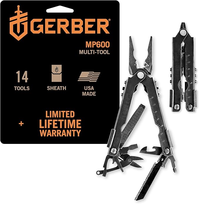 Gerber Gear Gear Multi-Plier 600 - 14-in-1 Bladeless Multipurpose Tool with Screwdriver, Needlenose Pliers, Can Opener, Wire Cutter & More - Made in USA - Survival Tools