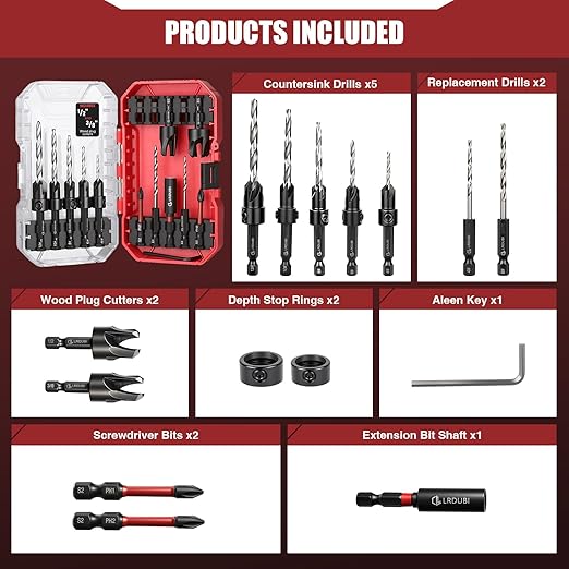 15PCS Countersink Drill Bit Set, Adjustable Tapered Counter Sink Drill Bits with 2PCS Wood Plug Cutter, 1/4" Hex Shank Quick Change for Woodworking with Storage Case