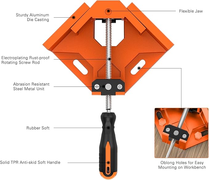 Right Angle Clamp, Housolution [4 PACK] Single Handle 90° Aluminum Alloy Corner Clamp, Right Angle Clip Clamp Tool Woodworking Photo Frame Vise Holder with Adjustable Swing Jaw - Orange