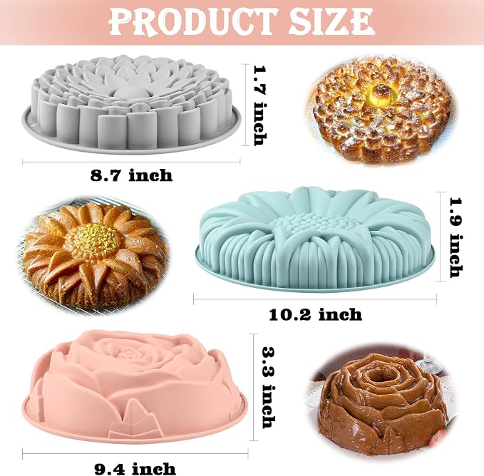 Sakolla 3 Pack Flower Shape Silicone Cake Molds, Large Round Silicone Molds - Image 3