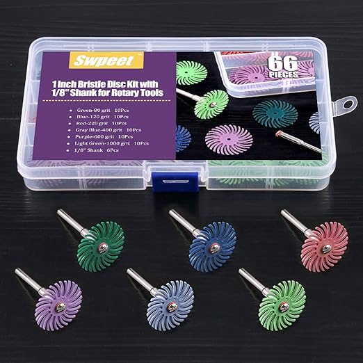 Swpeet 66Pcs 1 Inch 6 Mixed Grit 80/120/220/400/600/1000 Radial Bristle Disc Abrasive Brush Gap Polishing Pad Buffing Wheel Assortment Kit with 1/8" Shank for Rotary Tools Cleaning Finishing Deburring