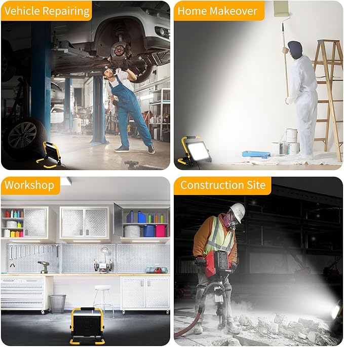 7200LM LED Work Light with 16FT Cord & Switch, 60W Outdoor Flood Light, IP66 Waterproof Portable Job Site Lighting with Stand, 5000K Dayight Worklight for Construction Garage Workshop Car Repairing