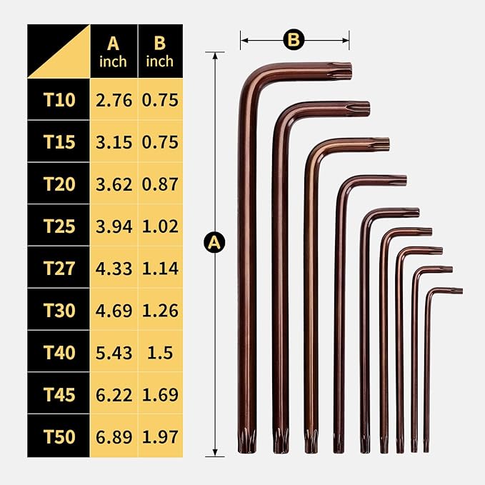 Torx Key Set Star Wrench S2 Steel T10–T50 – 9PCS Torx Allen Wrenches, Industrial Grade S2 Alloy, Long Arm, Bronze Finish, for Bike Repair, Machinery, Electronics, Garage Use