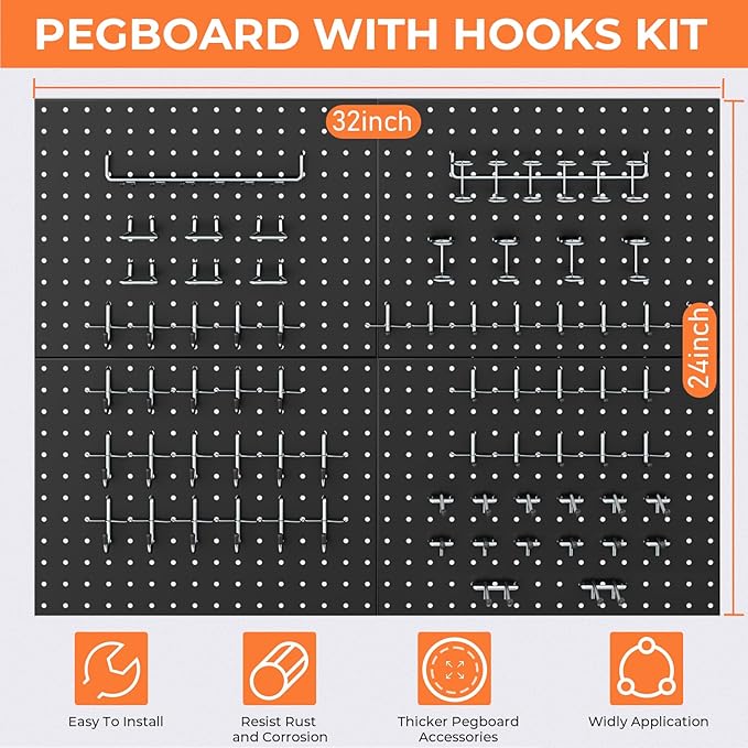 INCLY 70PCS Pegboard Wall Organizer, 4 Pack Metal Peg Board Panels with 1/4" Pegboard Hooks Accessories Kit, Black Peg Board for Walls Home, Garage Tool Storage, Workbench Organization