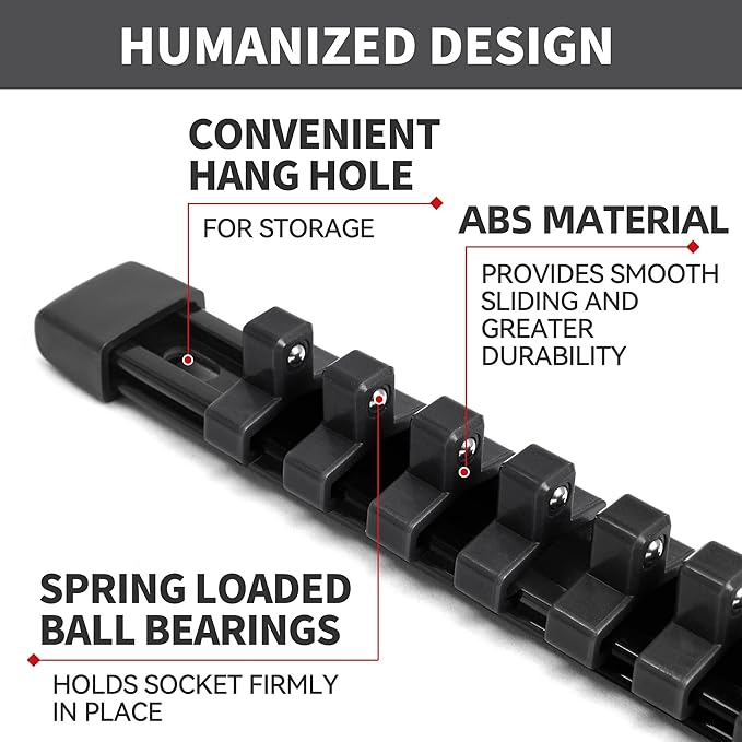 Socket Organizer Drive ABS Tools - Black Socket Holder, Premium Quality 12 Pieces Socket Holders Kit 1/4-Inch x 64 Clips, 3/8-Inch x 60 Clips, 1/2-Inch x 48 Clips（12PC,Black)