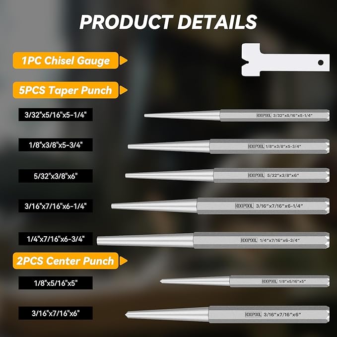 Punch and Chisel Set Heavy Duty, 16pcs CR-V Steel 5 Taper Punch，3 Cold Chisel, 2 Center Punch, 5 Pin Punch Set with Roll-Up Pouch for Metal, Wood, and Automotive Projects（16pcs）